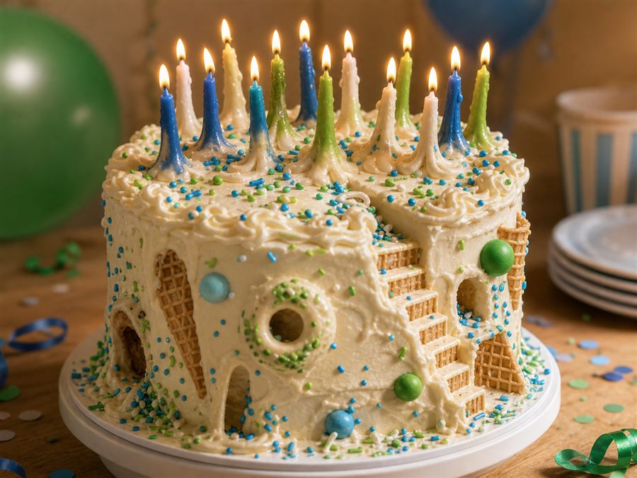 AI generated birthday cake fail with impossible candles and decorations
