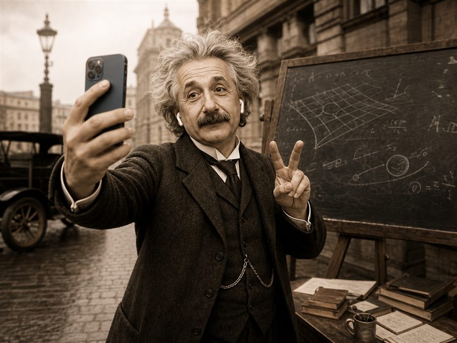 AI generated historical selfie fail with modern phone in old scene