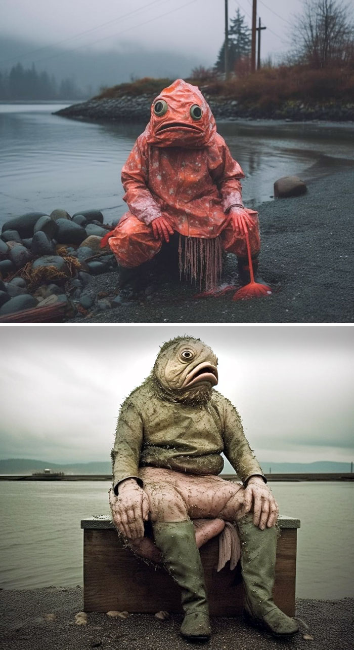 Funny AI fail image of strange fish-like people sitting on a shore