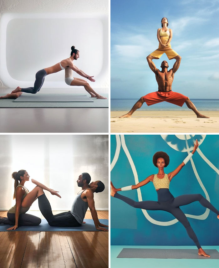 Funny AI fail collage of impossible yoga poses and distorted anatomy