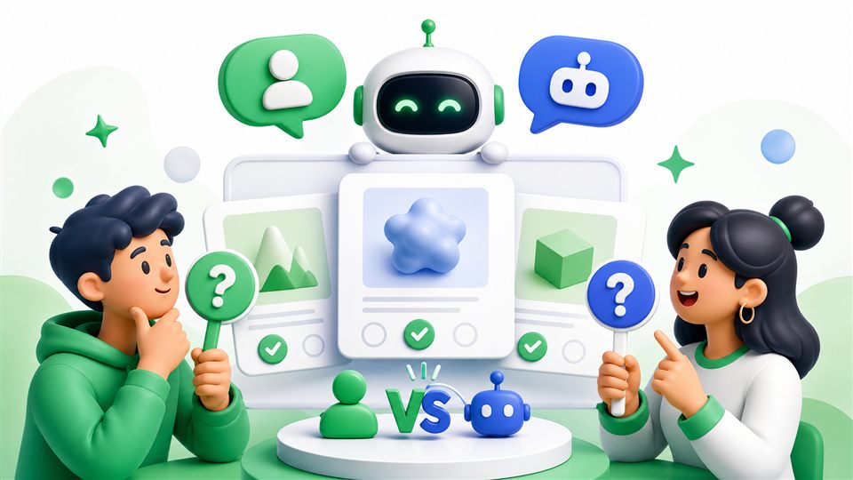 Playful AI challenge quiz illustration with question cards