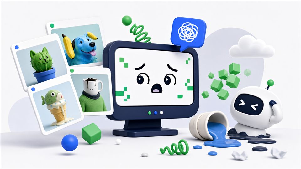 Funny AI fails illustration with harmless glitches and odd generated images